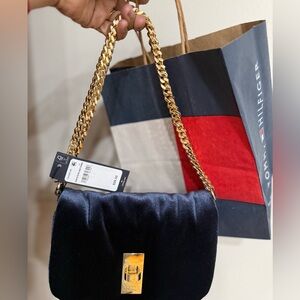 Tommy Hilfiger Navy Velvet Crossbody Bag with Gold Chain